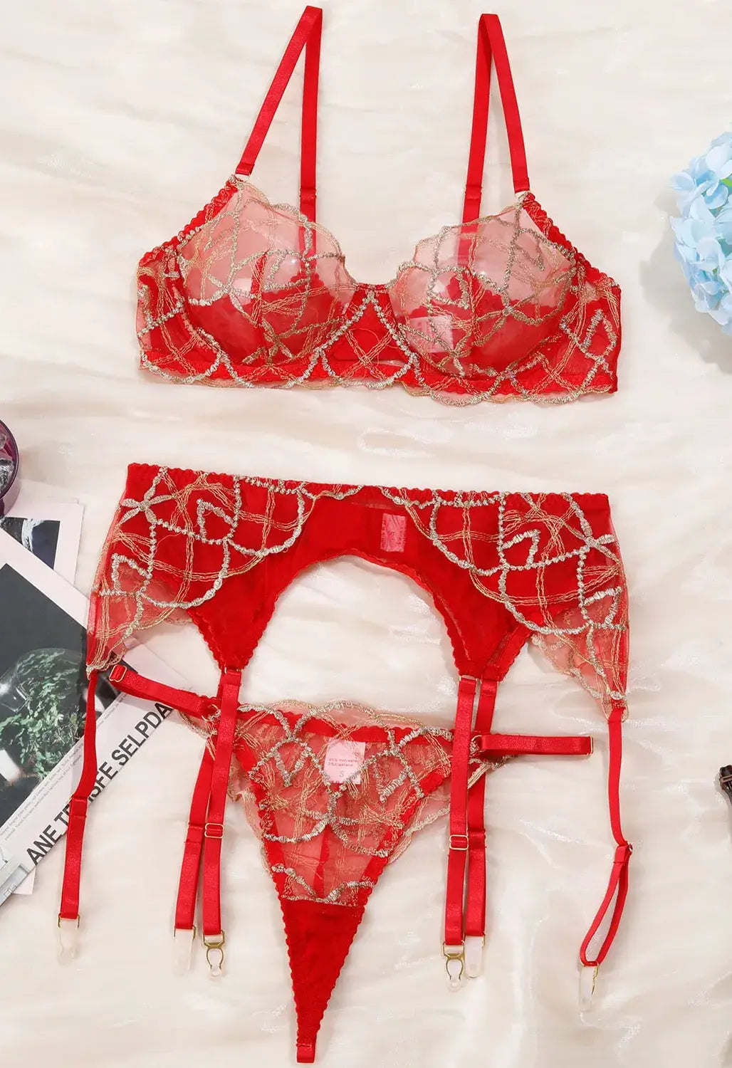 Full view of Crimson Flame lace lingerie showing fabric placement and balanced proportions.