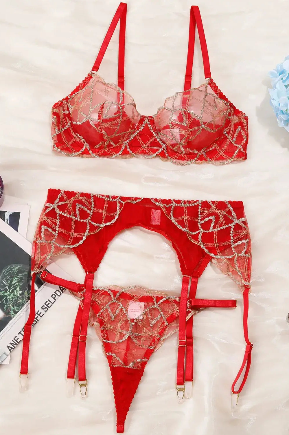 Full view of Crimson Flame lace lingerie showing fabric placement and balanced proportions.