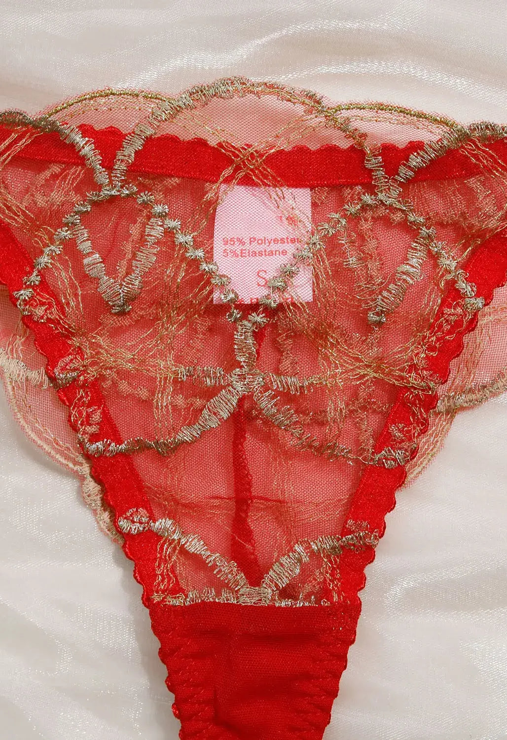 Crimson Flame red lace panty highlighting soft mesh lace texture.