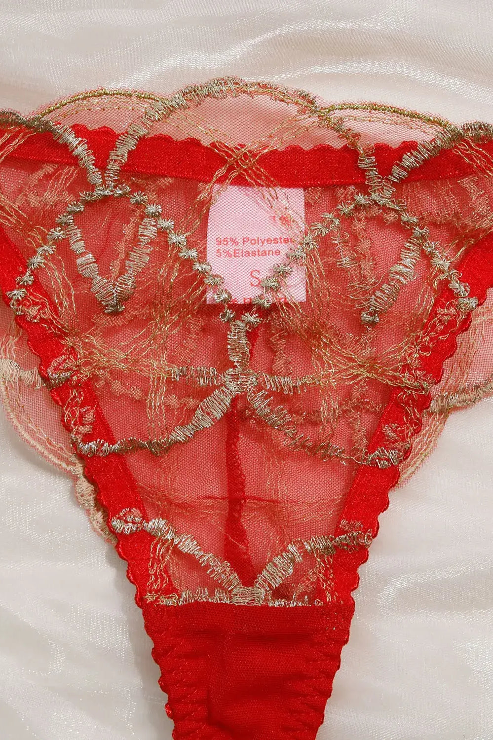 Crimson Flame red lace panty highlighting soft mesh lace texture.
