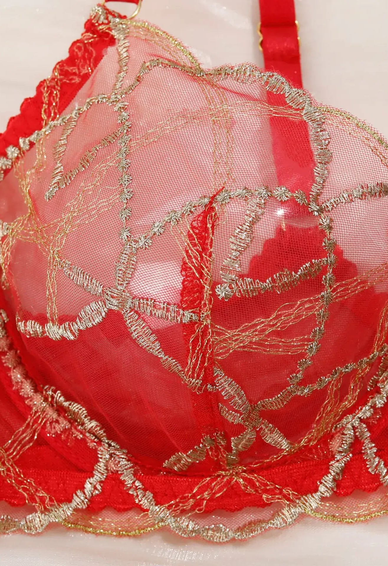 Close-up of Crimson Flame red embroidery thread highlighting refined craftsmanship.