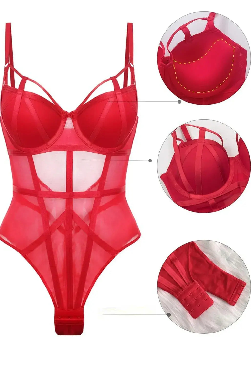 Crotch panel and snap hook detail of Crimson Heat mesh lingerie bodysuit.