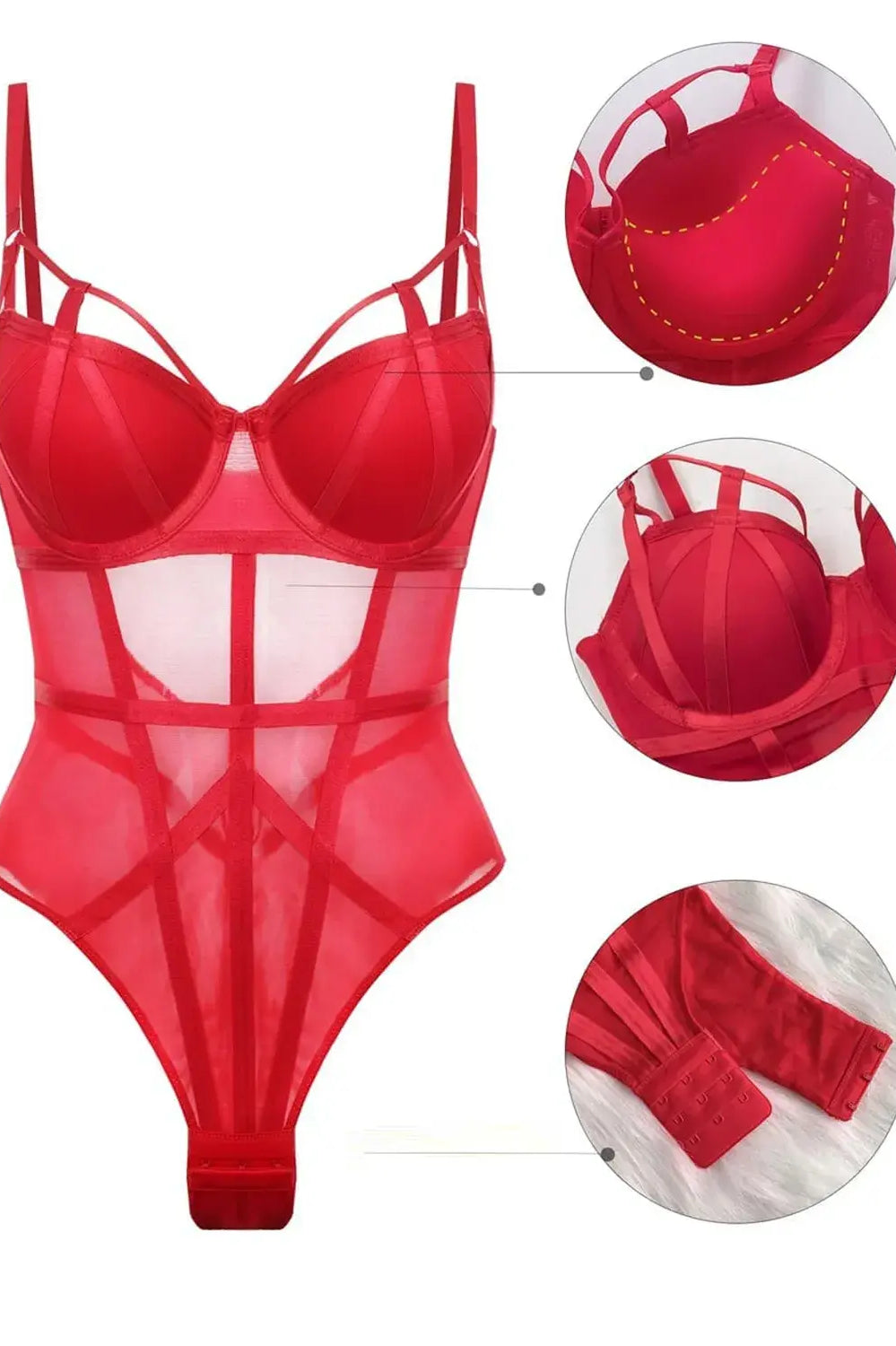 Crotch panel and snap hook detail of Crimson Heat mesh lingerie bodysuit.