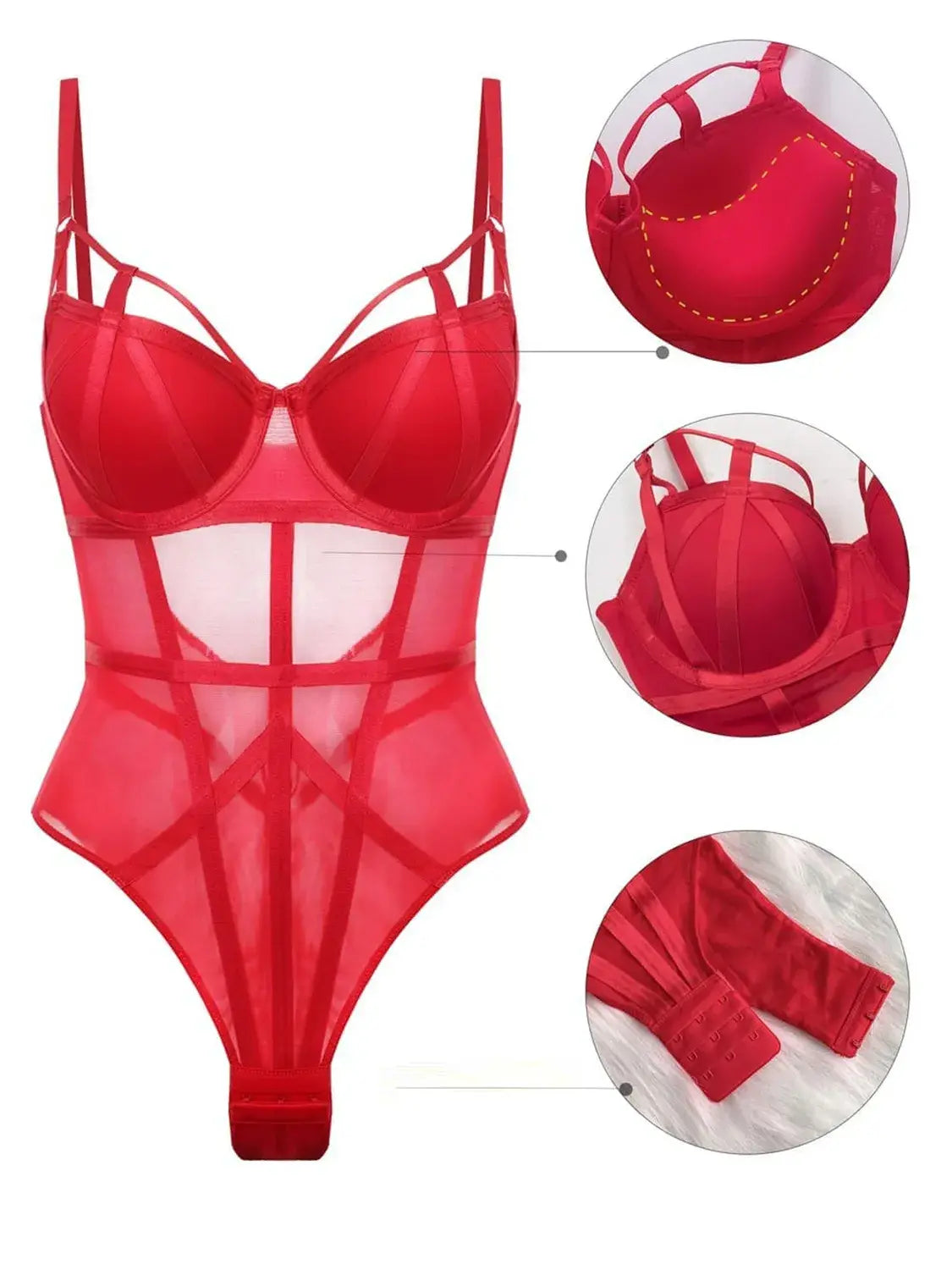 Crotch panel and snap hook detail of Crimson Heat mesh lingerie bodysuit.