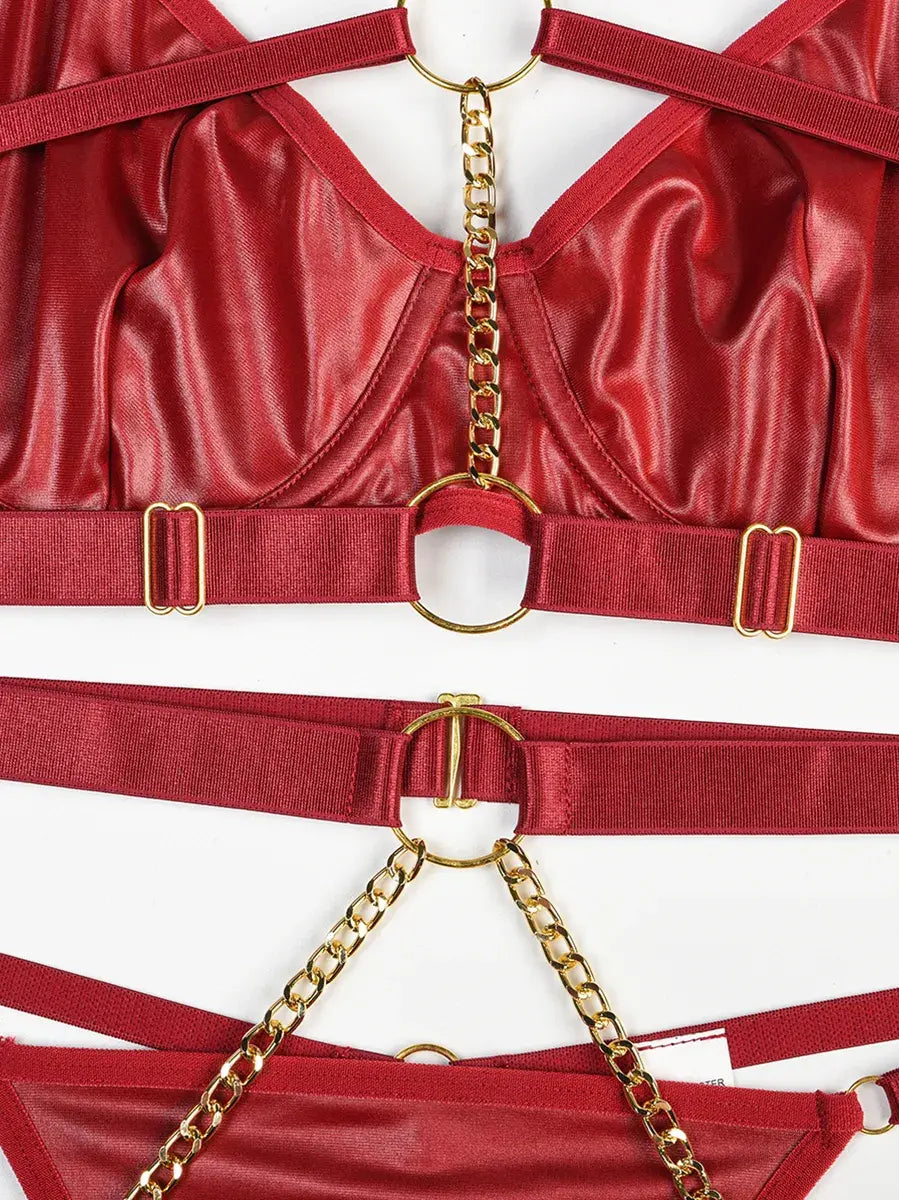 Modern design featuring burgundy elastic bands and gold accents from the Crimson Obsession PU lingerie set.