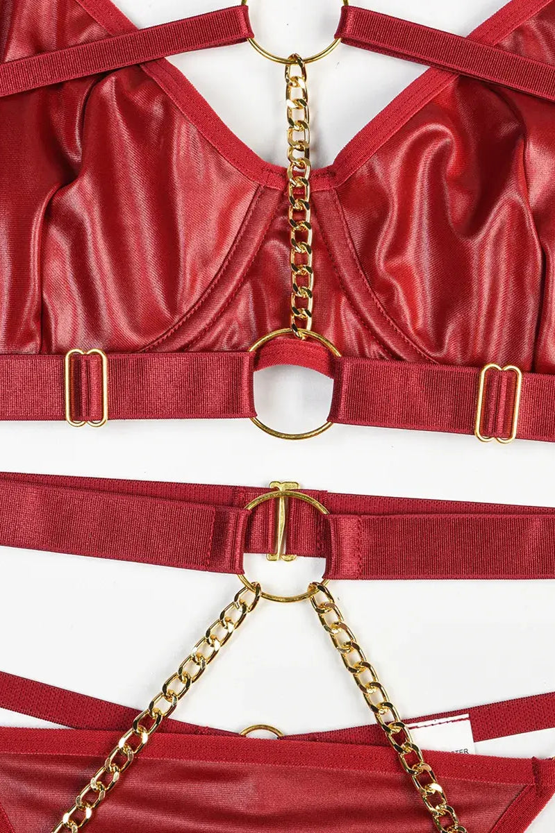 Modern design featuring burgundy elastic bands and gold accents from the Crimson Obsession PU lingerie set.