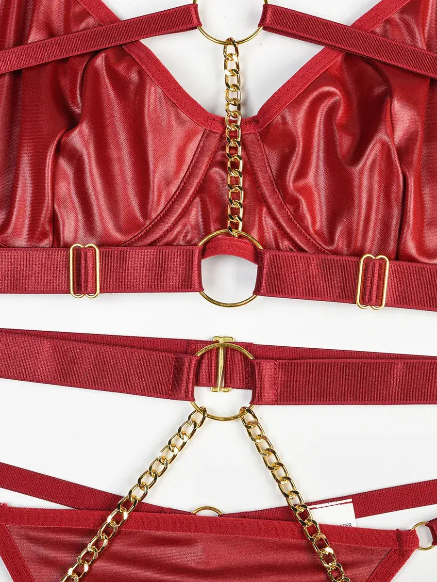 Modern design featuring burgundy elastic bands and gold accents from the Crimson Obsession PU lingerie set.