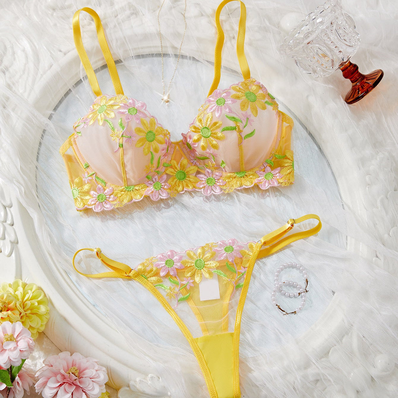 Daisy Embroidered Sheer Push - Up Bra Sexy Lingerie Set - gosundaymarket