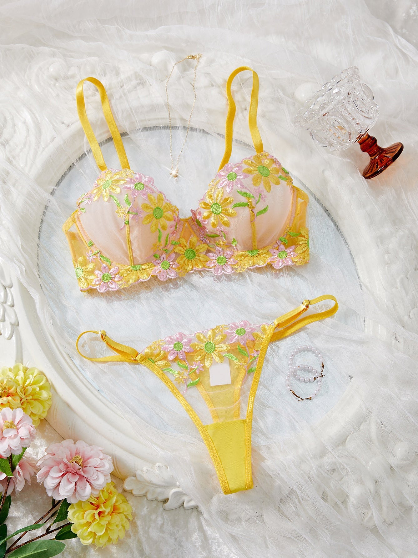 Daisy Embroidered Sheer Push - Up Bra Sexy Lingerie Set - gosundaymarket