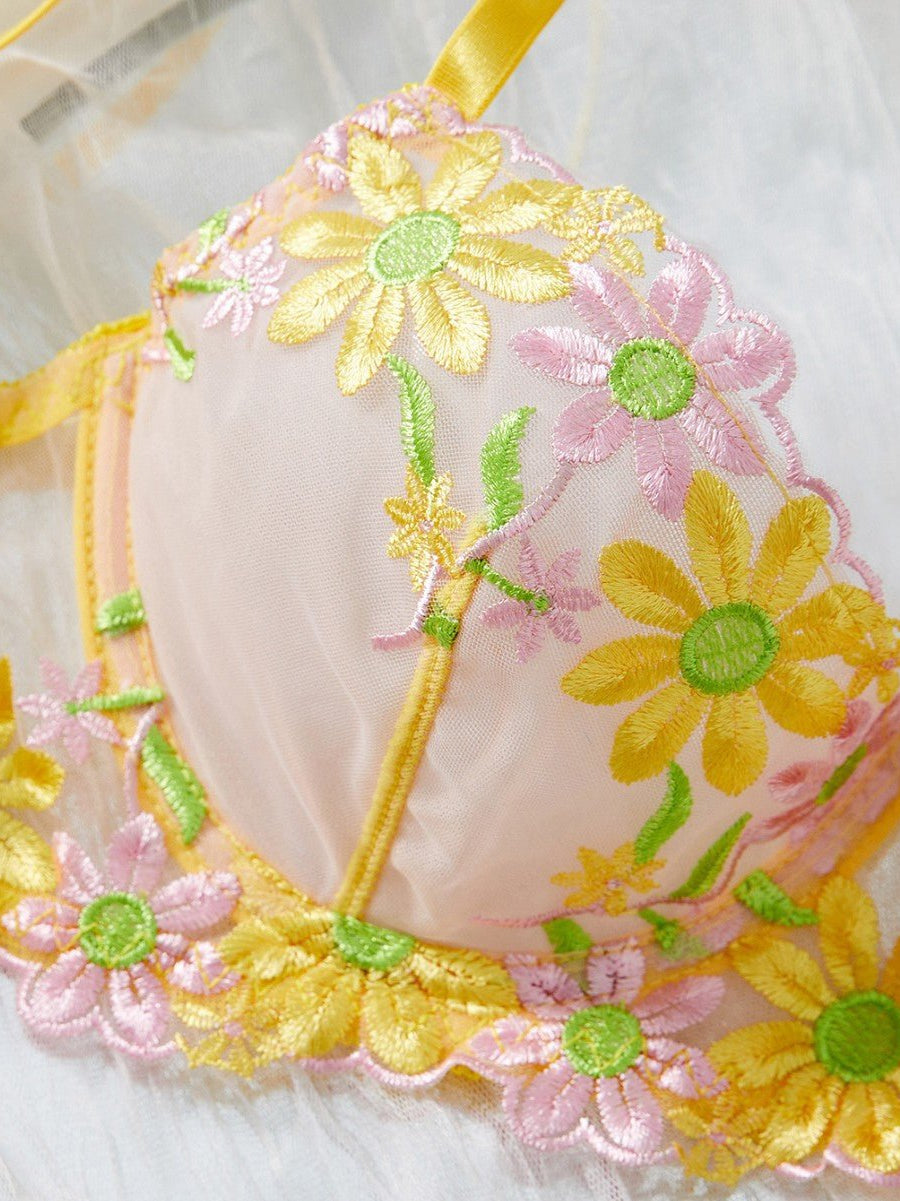 Daisy Embroidered Sheer Push - Up Bra Sexy Lingerie Set - gosundaymarket