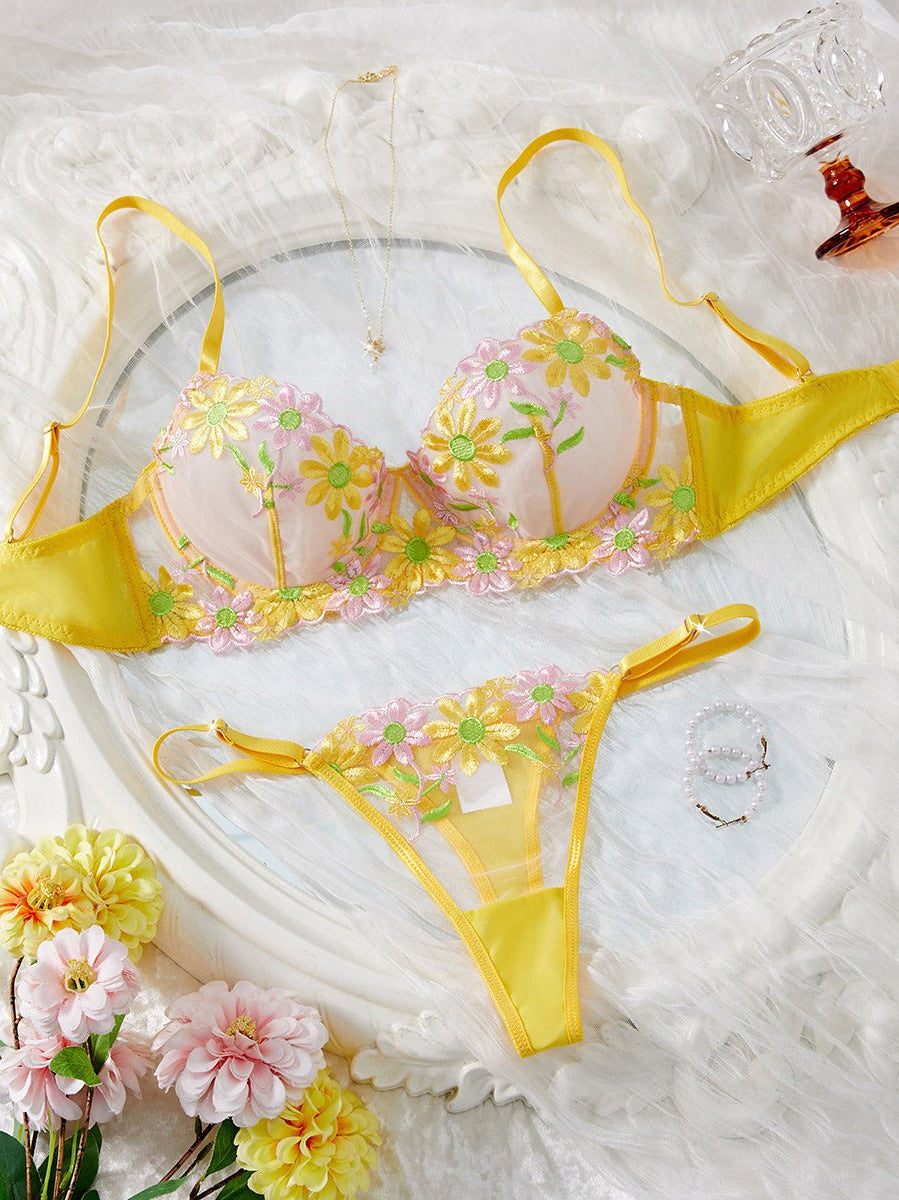 Daisy Embroidered Sheer Push - Up Bra Sexy Lingerie Set - gosundaymarket