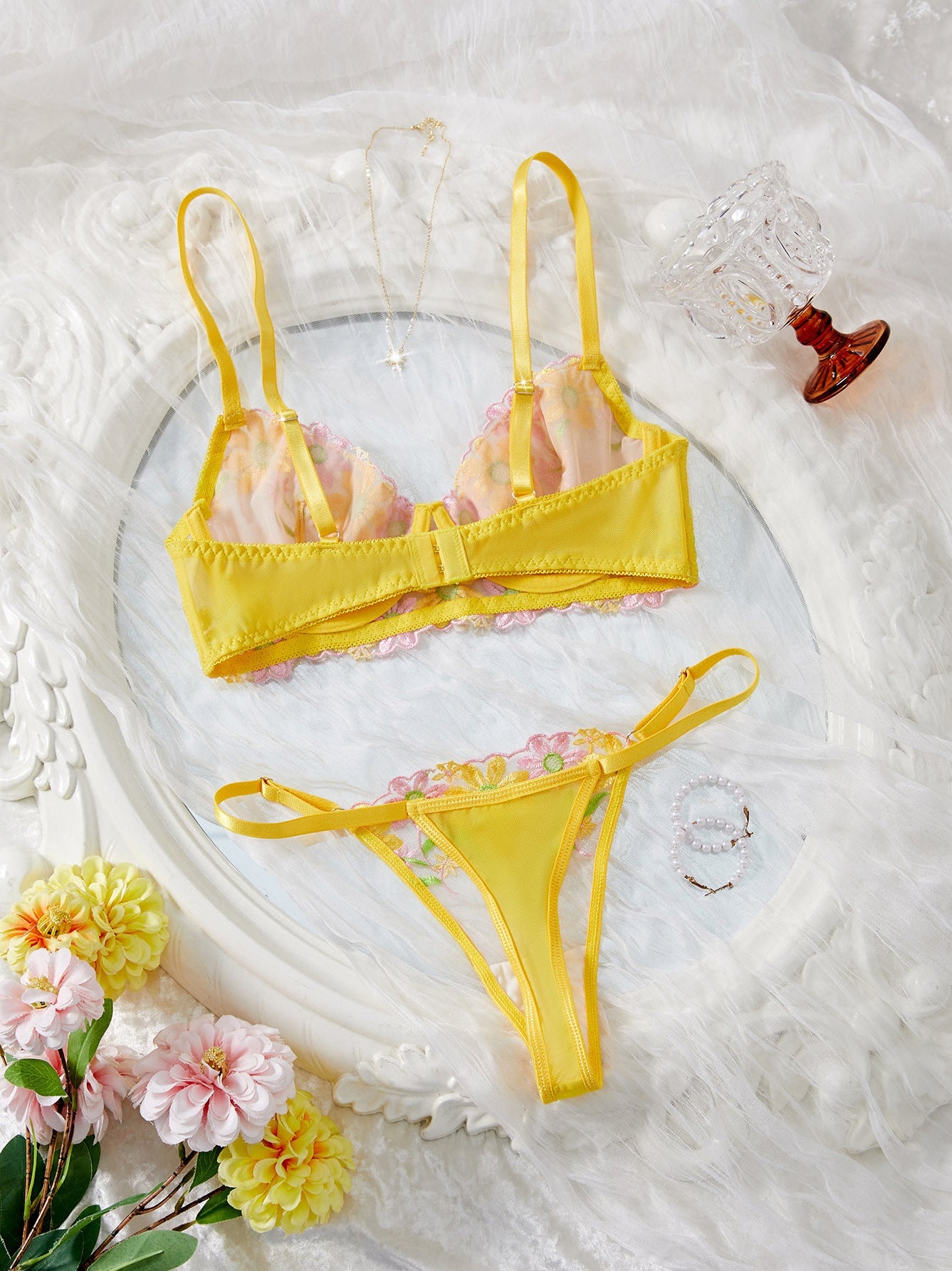 Daisy Embroidered Sheer Push - Up Bra Sexy Lingerie Set - gosundaymarket