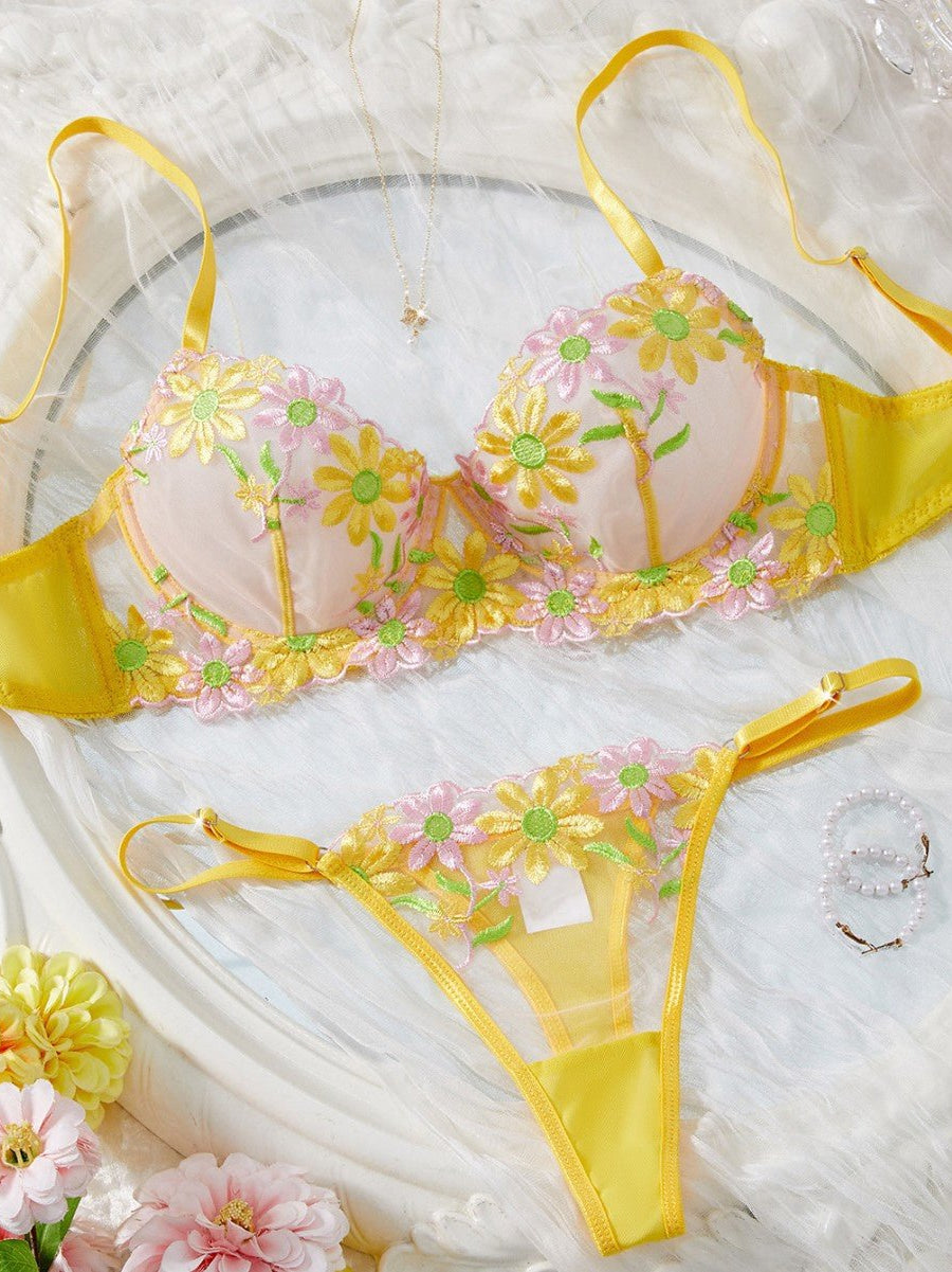 Daisy Embroidered Sheer Push - Up Bra Sexy Lingerie Set - gosundaymarket
