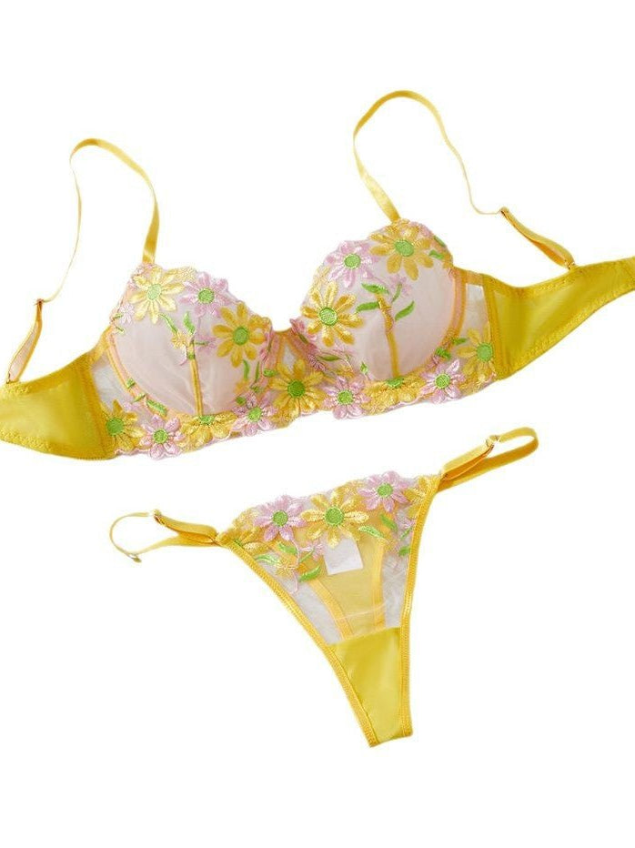 Daisy Embroidered Sheer Push - Up Bra Sexy Lingerie Set - gosundaymarket