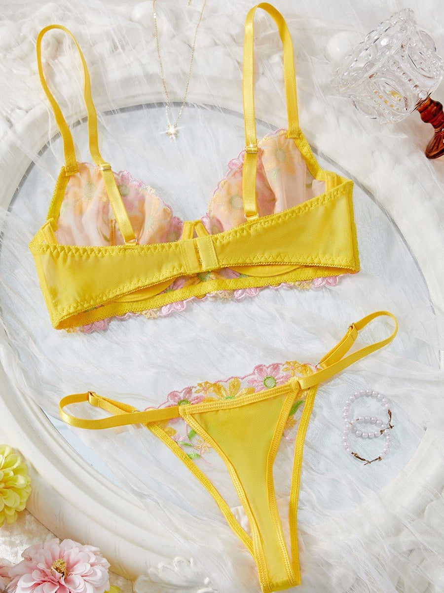 Daisy Embroidered Sheer Push - Up Bra Sexy Lingerie Set - gosundaymarket