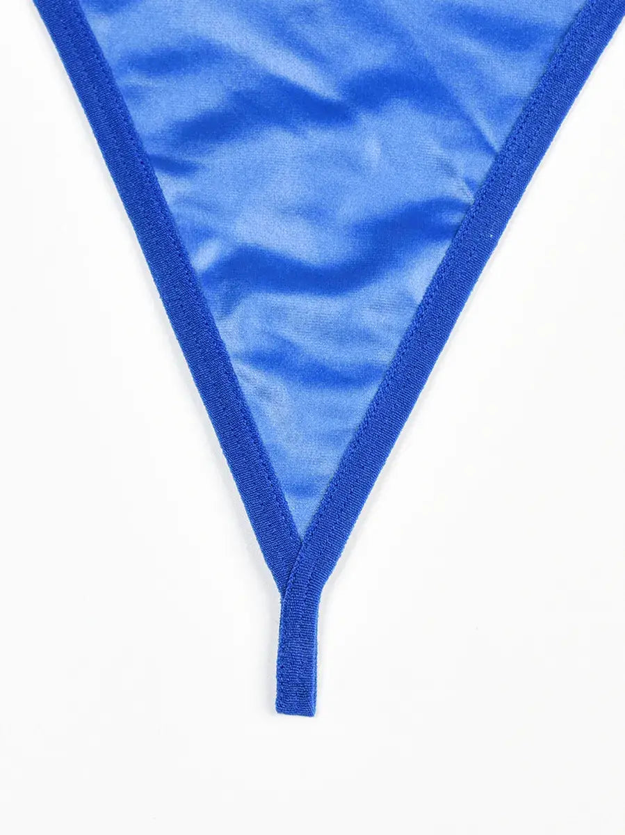 Comfort-focused blue PU thong with soft lining and flattering shape, included in the Electric Mirage lingerie set.