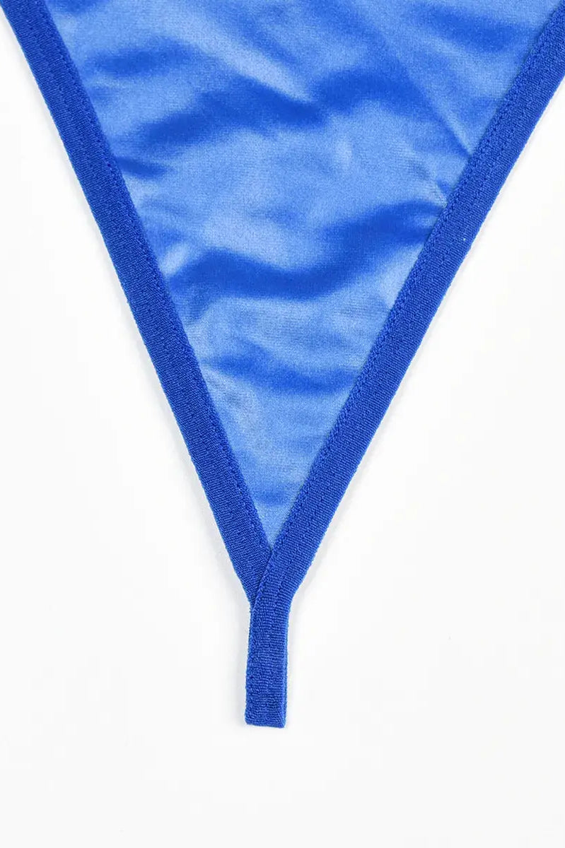 Comfort-focused blue PU thong with soft lining and flattering shape, included in the Electric Mirage lingerie set.