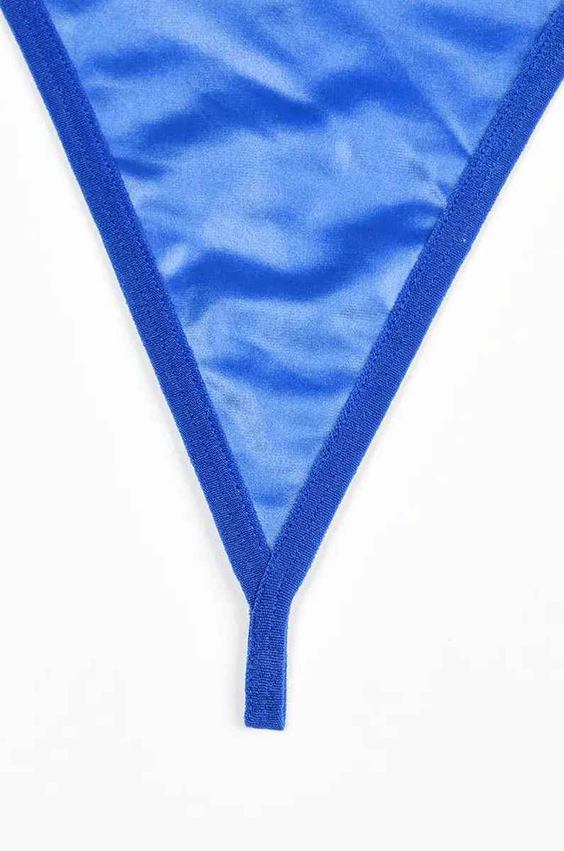 Comfort-focused blue PU thong with soft lining and flattering shape, included in the Electric Mirage lingerie set.