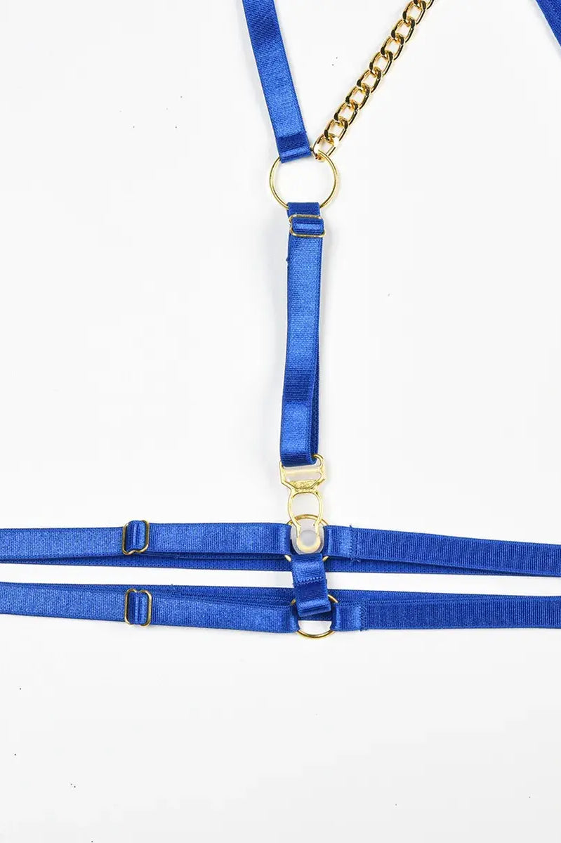 Shiny blue PU thigh harness with adjustable straps and gold sliders from the Electric Mirage 5-piece lingerie set.