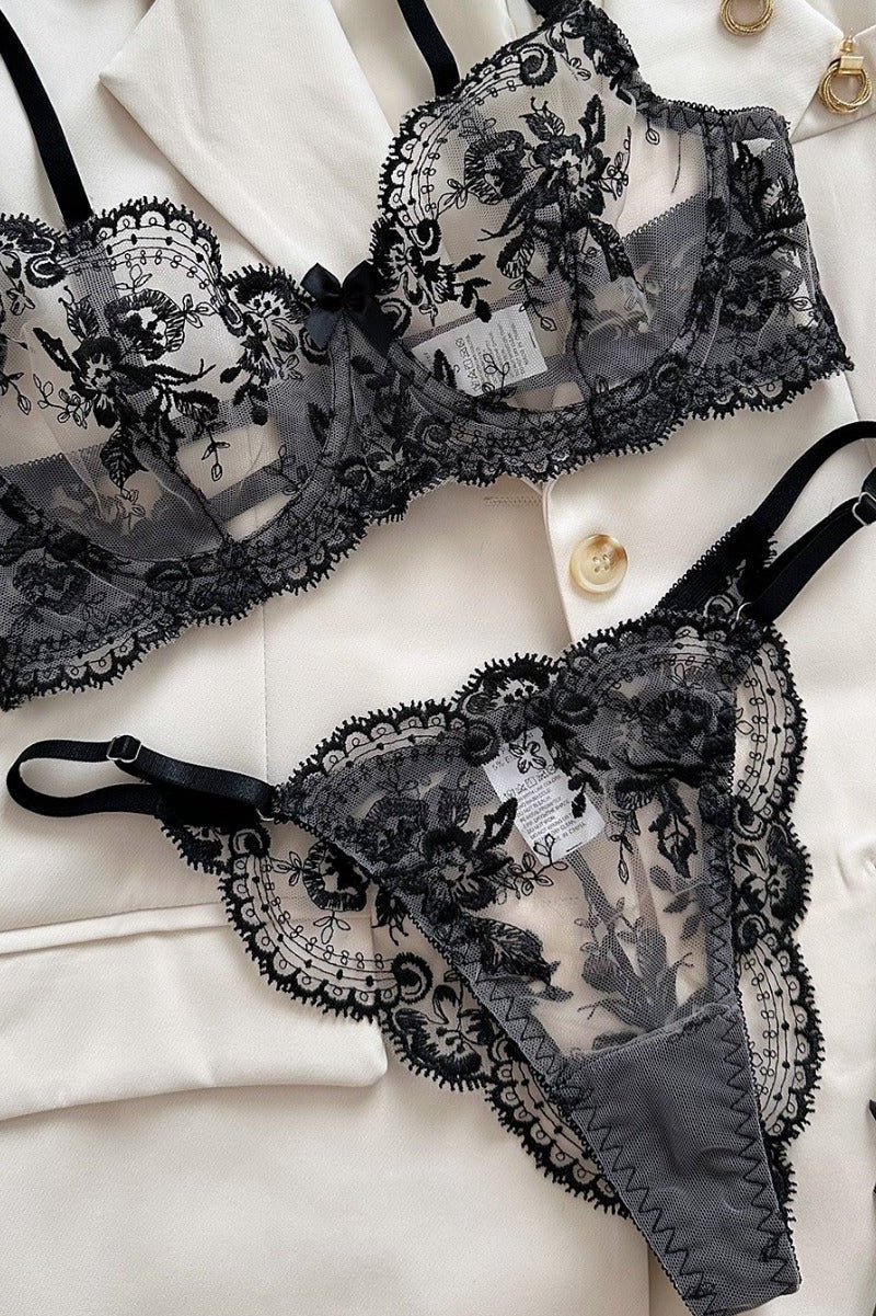 Elegant Floral Embroidered Sheer Mesh Lingerie Set - gosundaymarket