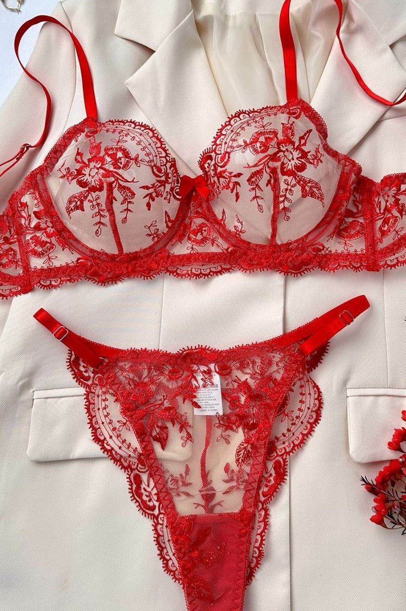 Elegant Floral Embroidered Sheer Mesh Lingerie Set - gosundaymarket