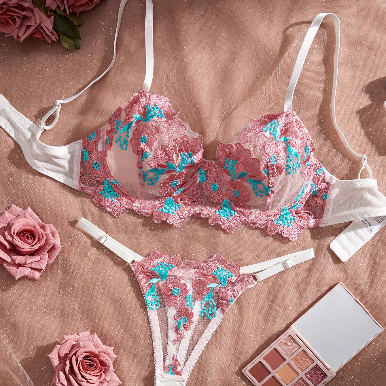 First Love Floral Embroidered Sheer Bra & Panty Set - gosundaymarket
