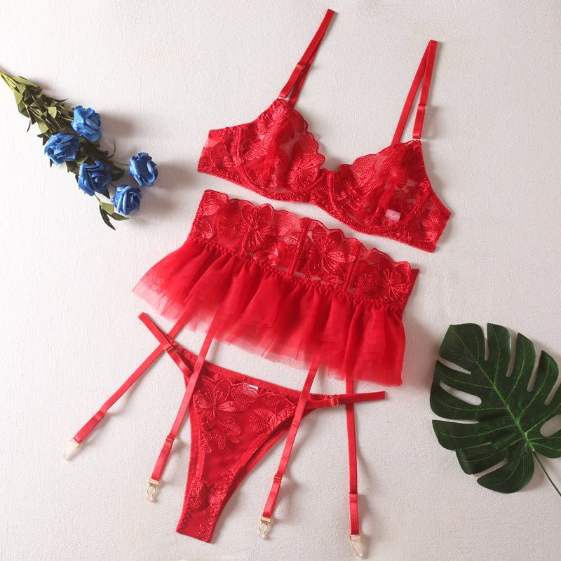 Floral Embroidered Sheer Lingerie Set - gosundaymarket