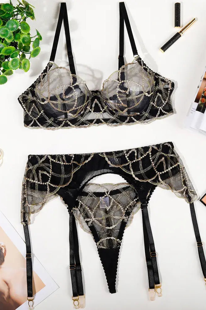 Overall view of Golden Bloom Black Lace Lingerie Set showing lace fabric distribution and balanced proportions.