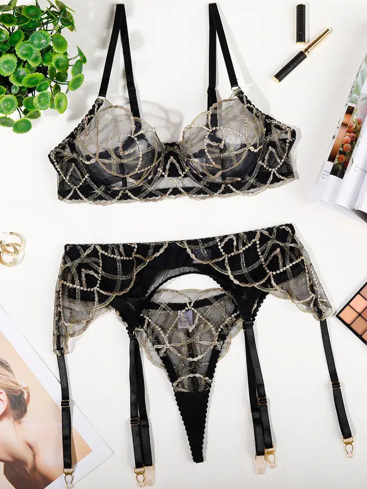 Overall view of Golden Bloom Black Lace Lingerie Set showing lace fabric distribution and balanced proportions.