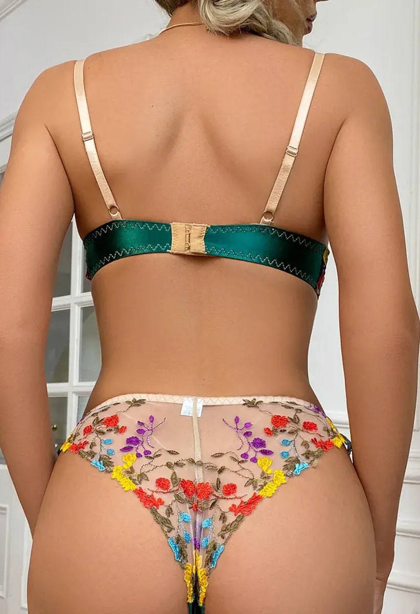 Green floral lace bra with adjustable back straps and clasp detail