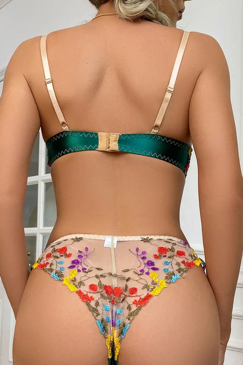 Green floral lace bra with adjustable back straps and clasp detail