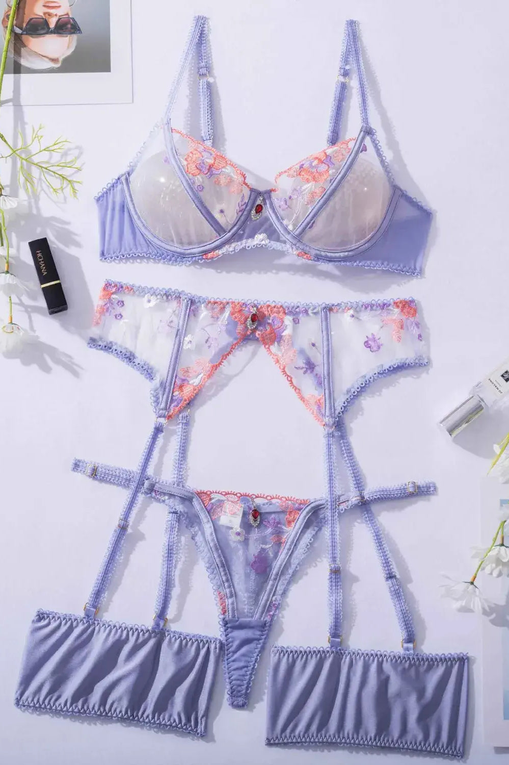 Lavender Bloom Embroidered Lace Lingerie Set flat lay showing complete ensemble.