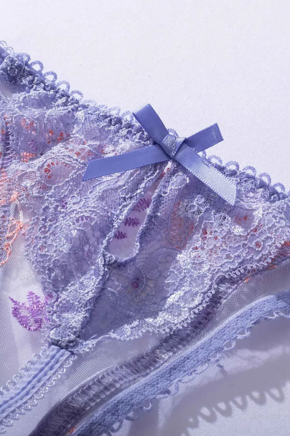Lavender Bloom lace thong with sheer panels and delicate embroidery.