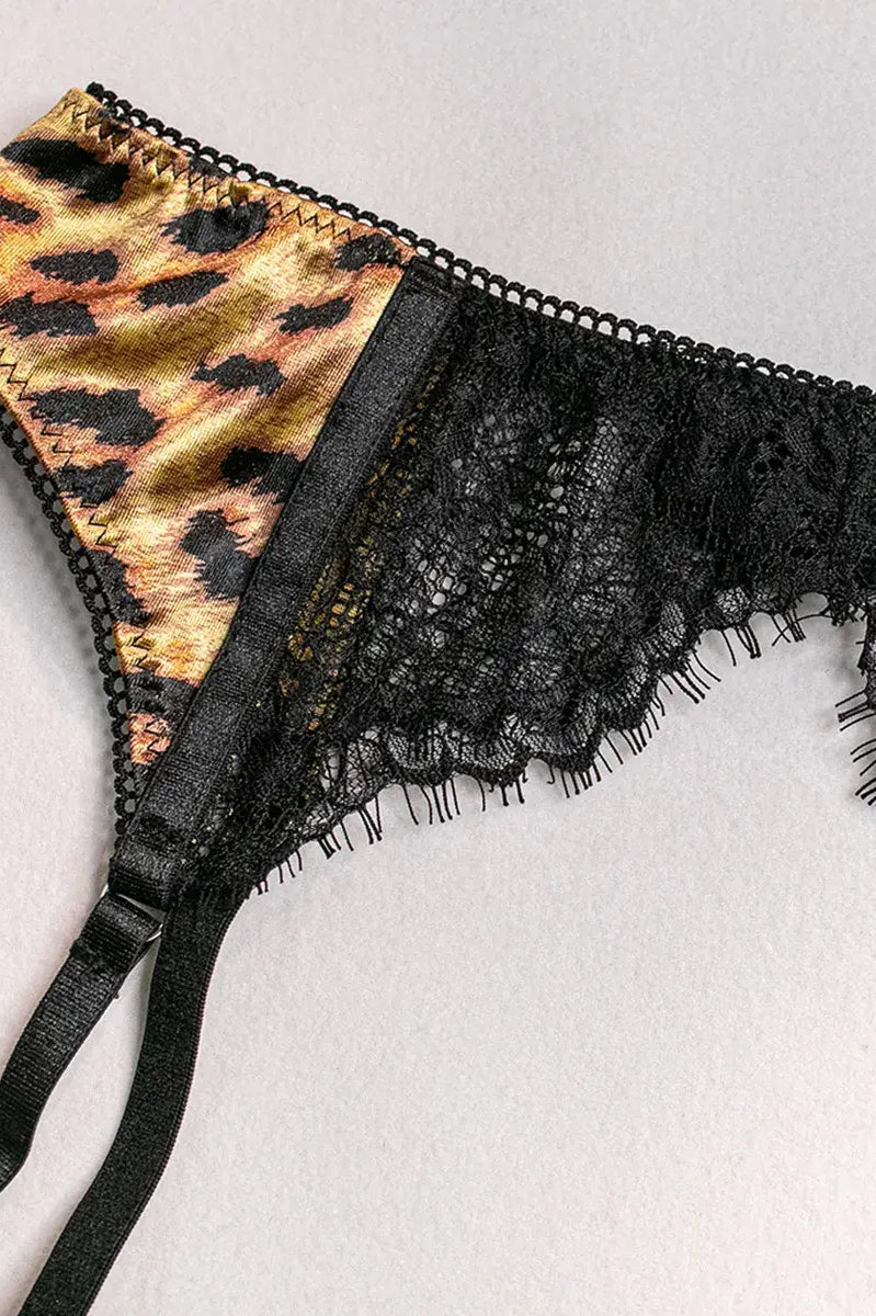 Leopard lace garter belt with sheer waist detailing