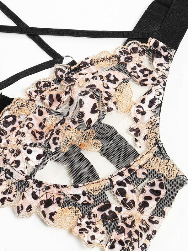 Leopard Print Sheer Embroidered Push - Up Lingerie Set - gosundaymarket