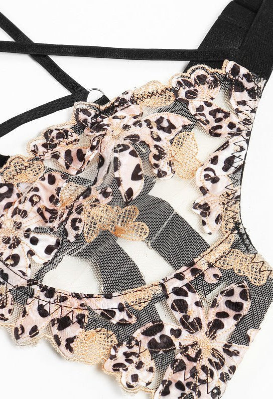 Leopard Print Sheer Embroidered Push - Up Lingerie Set - gosundaymarket