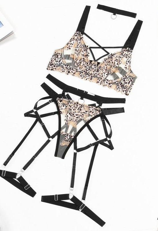 Leopard Print Sheer Embroidered Push - Up Lingerie Set - gosundaymarket