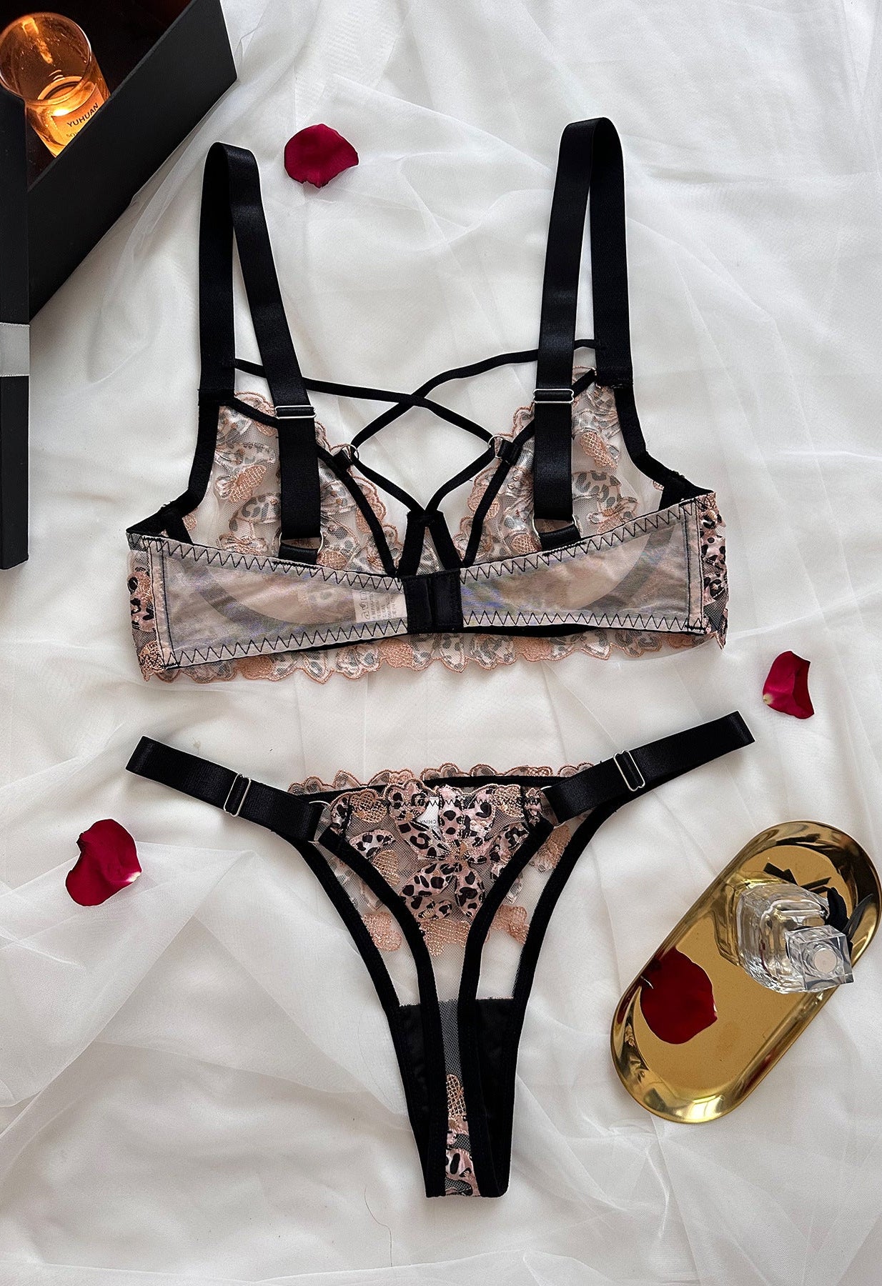 Leopard Print Sheer Embroidered Push - Up Lingerie Set - gosundaymarket