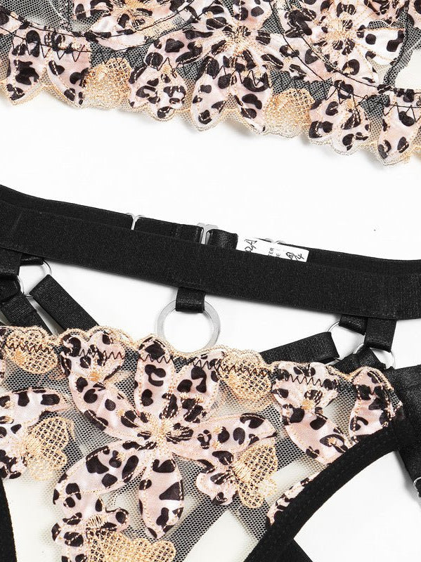 Leopard Print Sheer Embroidered Push - Up Lingerie Set - gosundaymarket