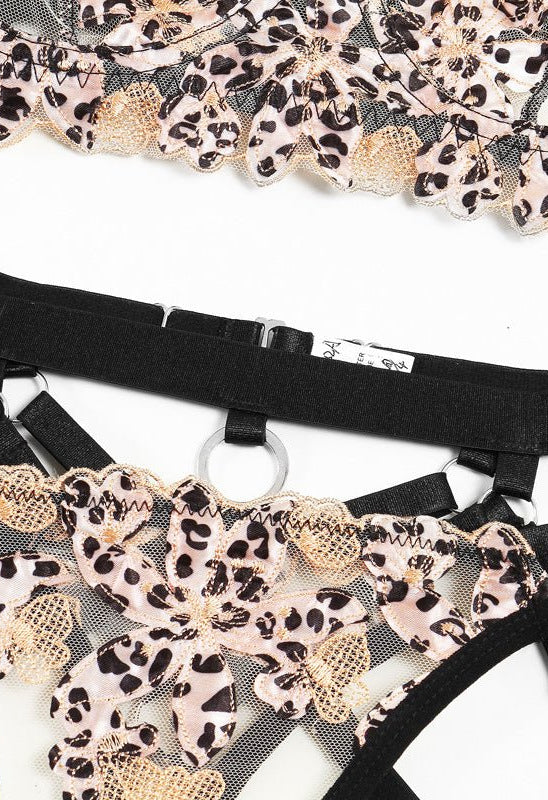 Leopard Print Sheer Embroidered Push - Up Lingerie Set - gosundaymarket
