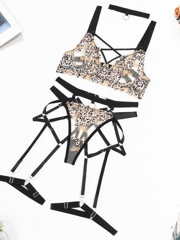 Leopard Print Sheer Embroidered Push - Up Lingerie Set - gosundaymarket