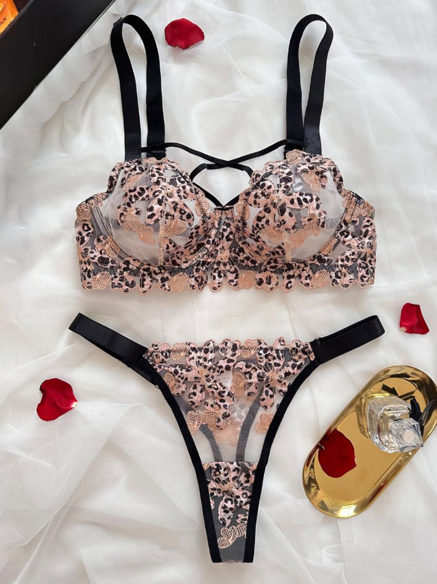 Leopard Print Sheer Embroidered Push - Up Lingerie Set - gosundaymarket