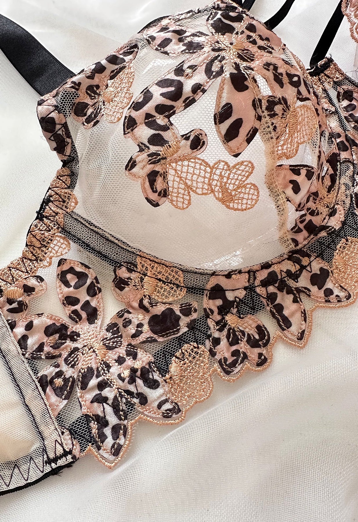 Leopard Print Sheer Embroidered Push - Up Lingerie Set - gosundaymarket