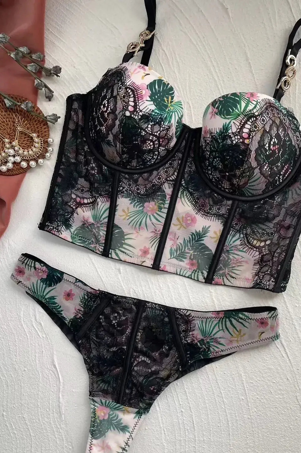 Front flat lay of Moonlight Petal lace bodysuit for women, emphasizing structured cups and floral lace design.