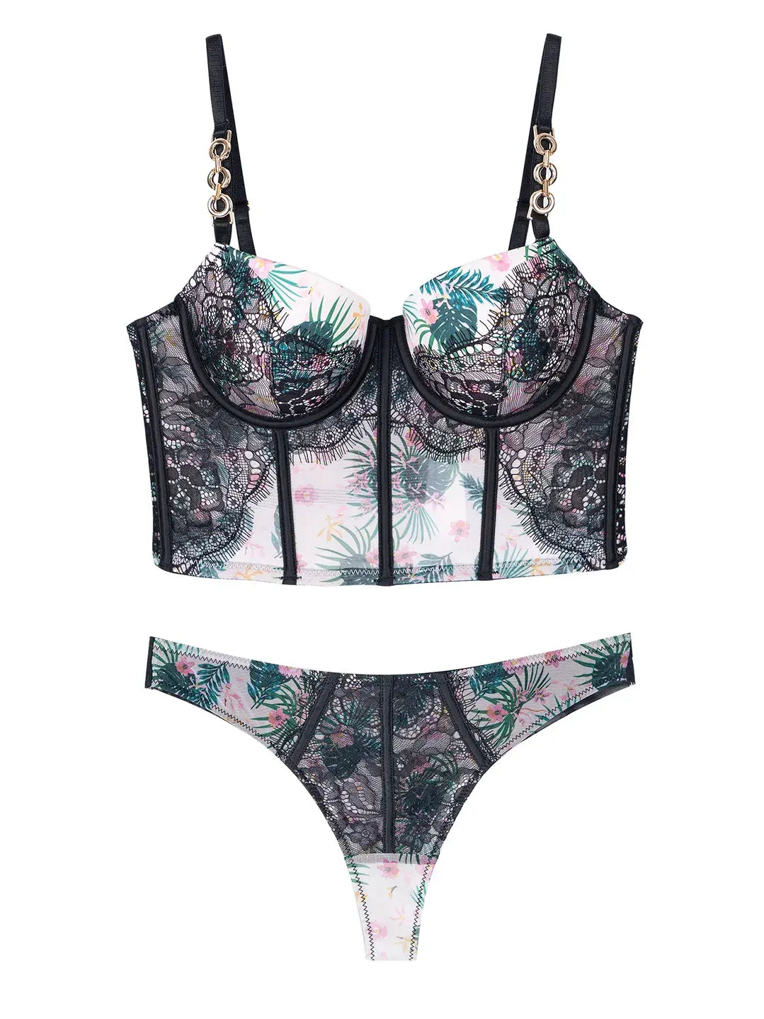 Hanging view of Moonlight Petal Printed Lace Corset Lingerie, ideal for photography with its elegant sheer print and lace finish.