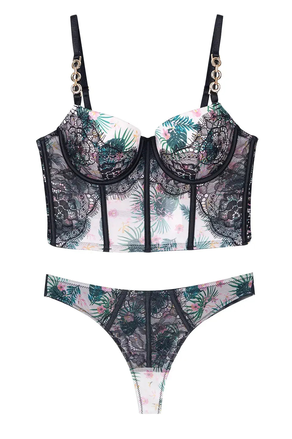 Hanging view of Moonlight Petal Printed Lace Corset Lingerie, ideal for photography with its elegant sheer print and lace finish.