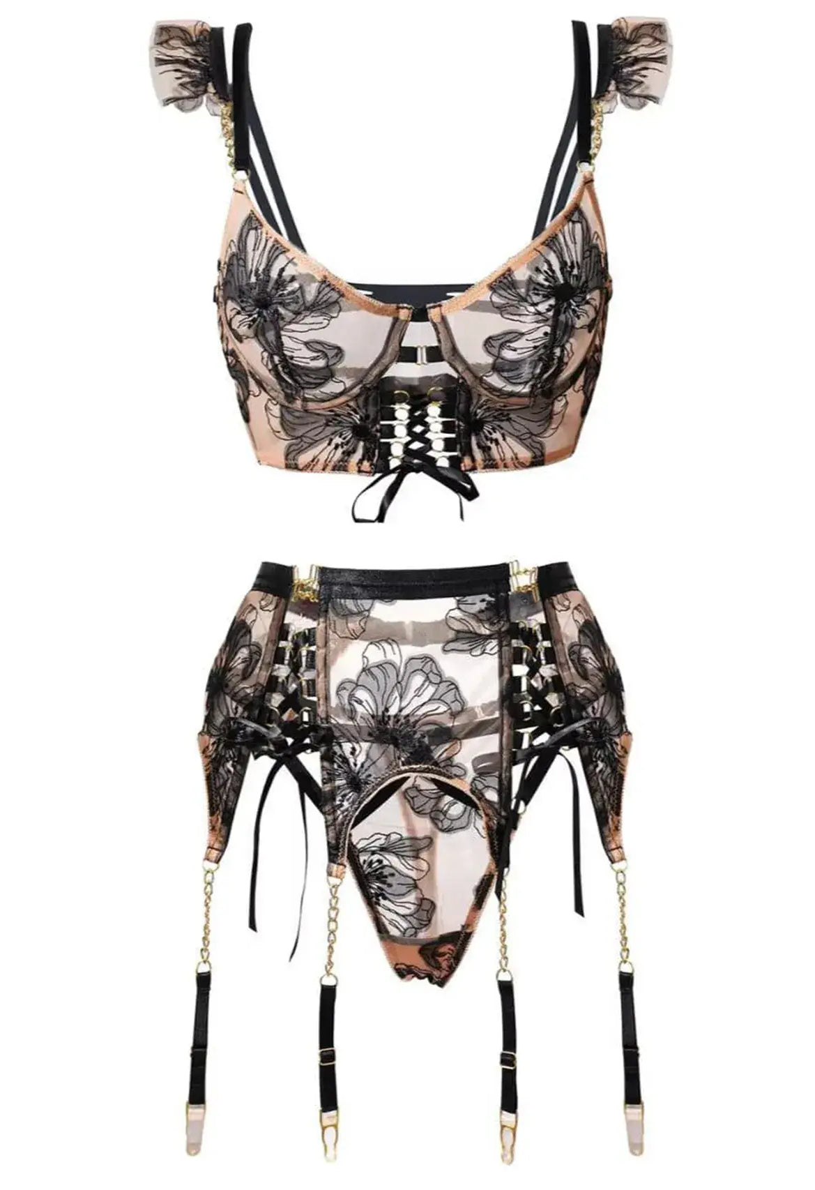 Diagonal back view of Noir Eclipse corset with sheer lace panel and gold accents, sensual date night lingerie