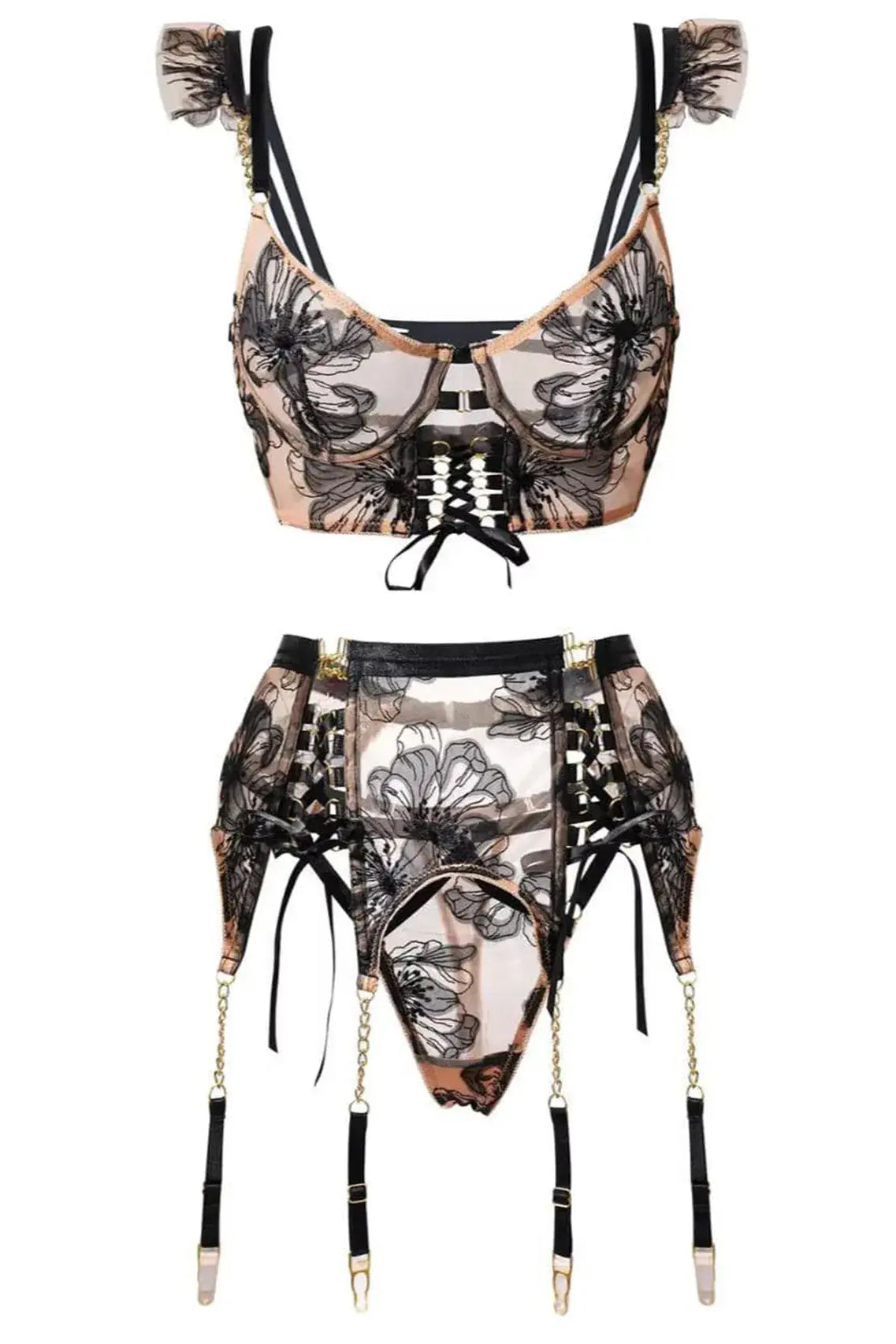 Diagonal back view of Noir Eclipse corset with sheer lace panel and gold accents, sensual date night lingerie