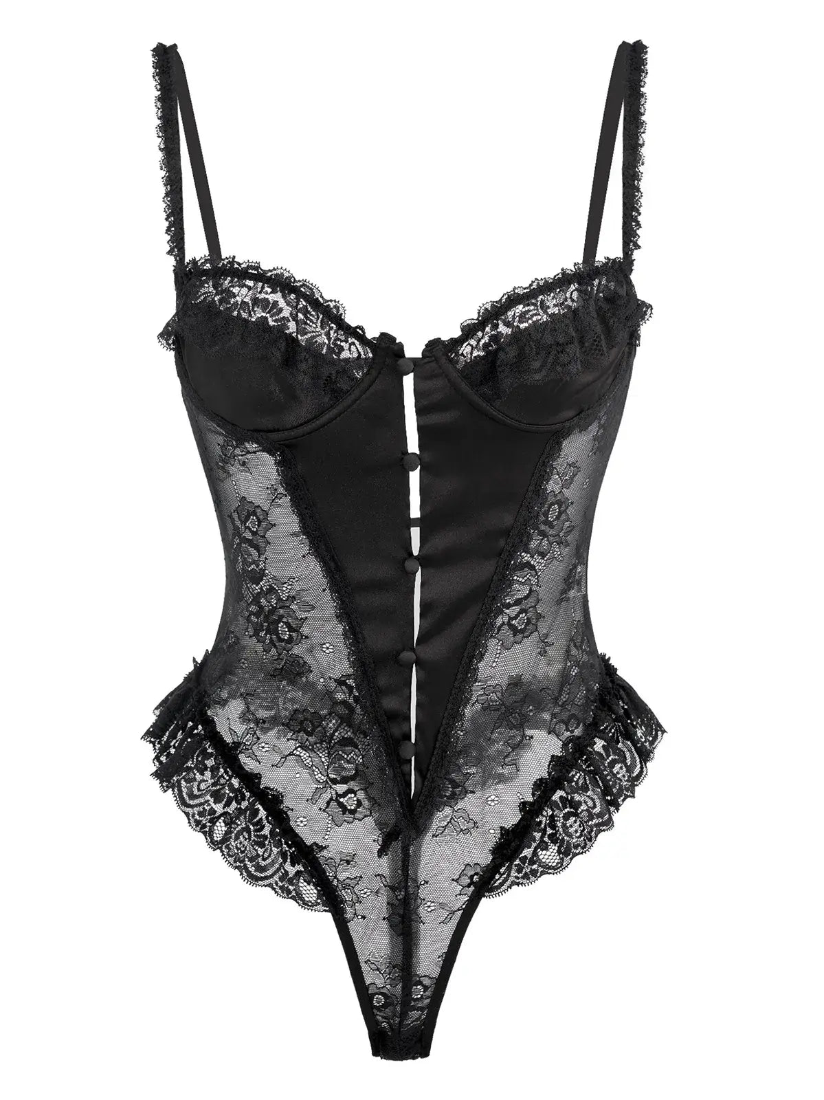 Noir Lace Bodysuit Teddy hanging on white background showing silhouette and lace detail.