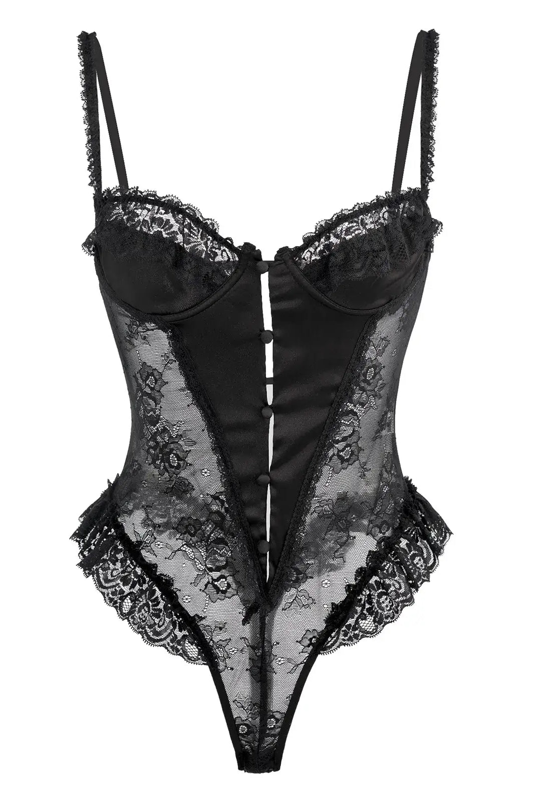 Noir Lace Bodysuit Teddy hanging on white background showing silhouette and lace detail.